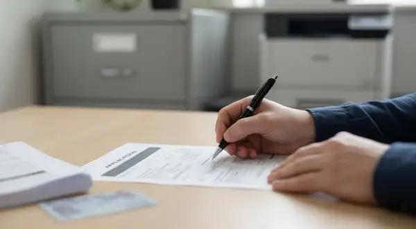 Dłoń pisze długopisem na formularzu wniosku. Na stole leży też stos dokumentów i dowód osobisty.